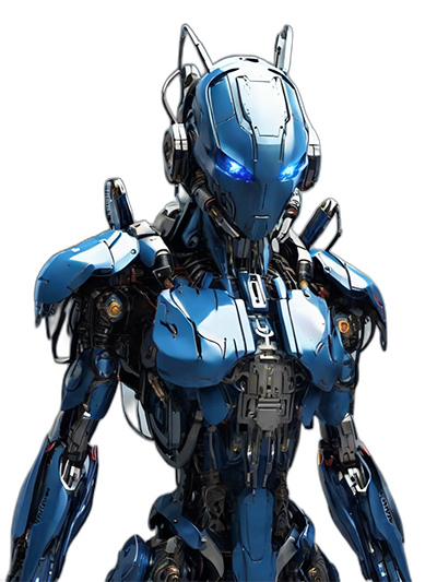 bot2 An illustration of a cyber robot with metallic limbs, glowing eyes, and various gadgets attached, symbolizing the role of advanced technology and cybersecurity in modern business operations